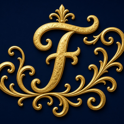 Fletcher logo: an ornate gold letter F with scrollwork on a deep navy background